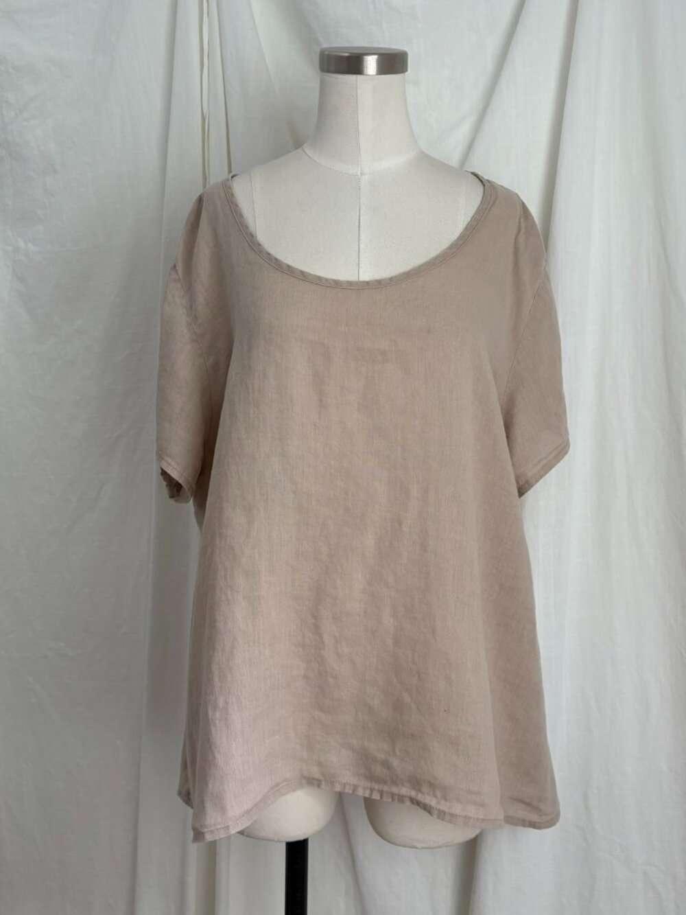FLAX Beige Tan Natural Fiber 100% Linen Short Sleeve Blouse Top L Cottage Boho